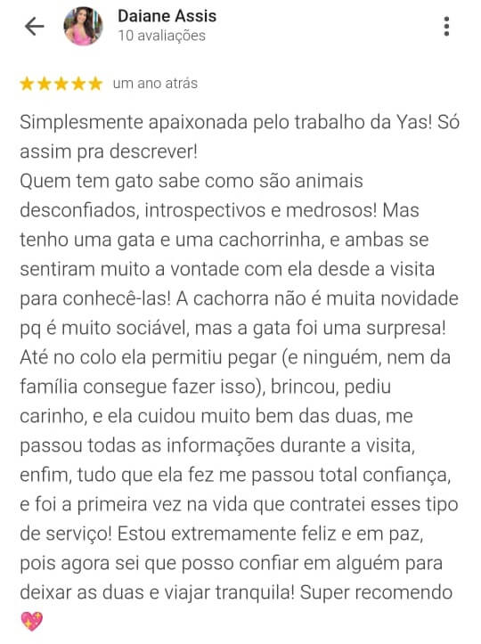 Avaliação positiva da Daiane